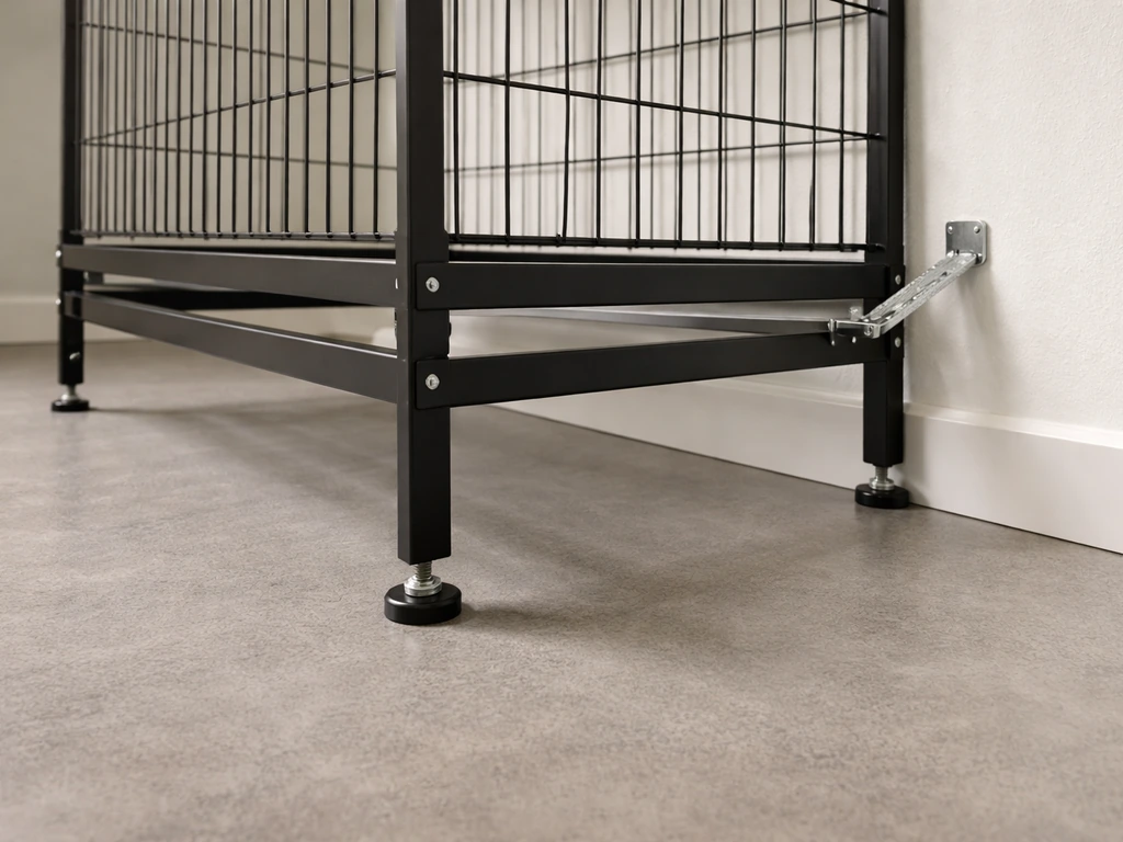 Adjustable cage stand feet leveled and secured with an L-bracket and anchoring strap to a wall.