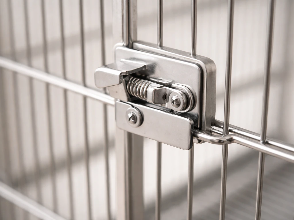 Close-up of a bird cage door with a spring-loaded two-step latch preventing easy opening.