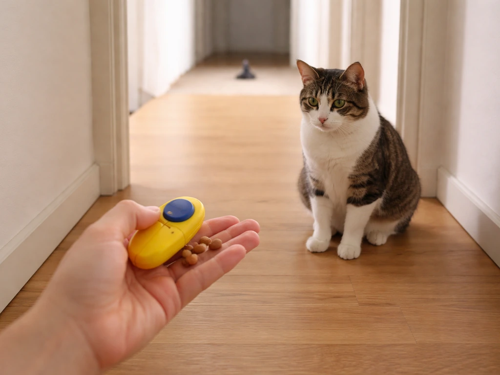 Cat in a quiet room during clicker training, with treats and a clicker offered at a distance from a bird toy.