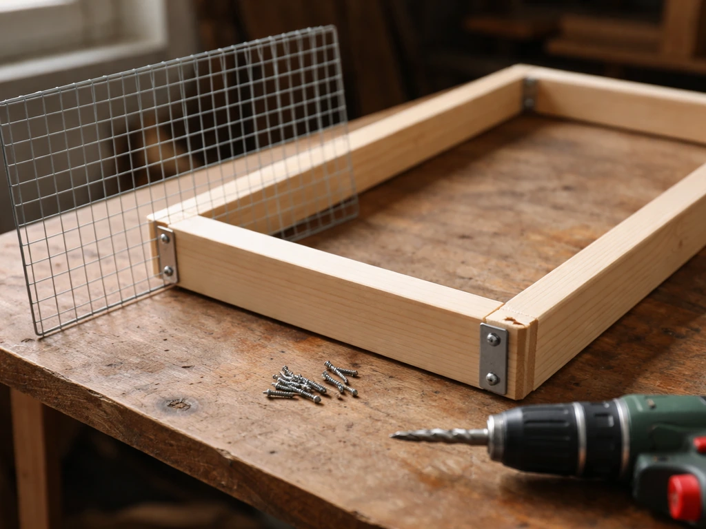 Wood bird cage frame on a workbench with attached hardware brackets and a wire mesh panel ready for installation.