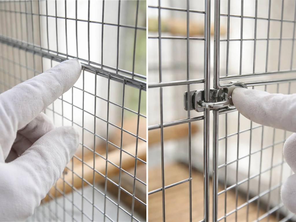 Gloved hand inspecting a small bird cage mesh panel and checking a door latch closure for tight fit
