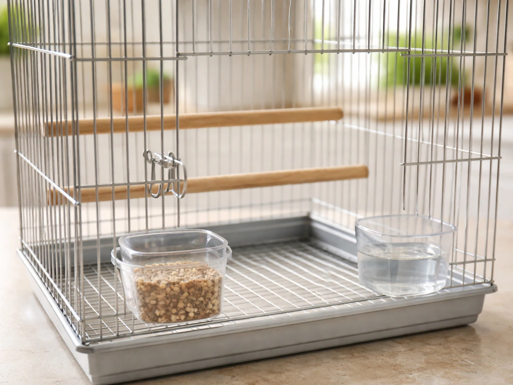 Empty assembled bird cage showing door latch, perches, and feeder/water placement ready for use.