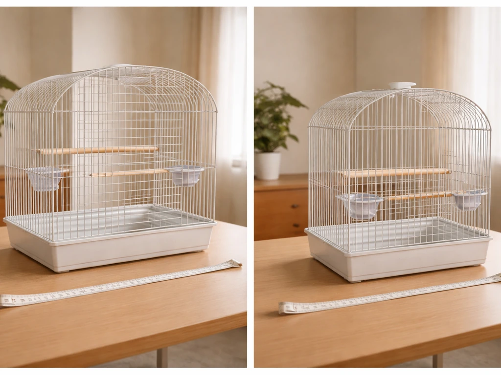 Split-view photo of an indoor bird cage with a measuring tape showing correct vs too-small spacing