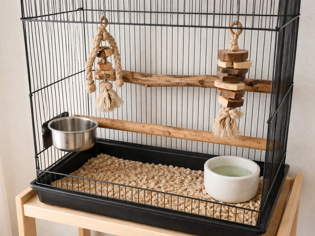 Indoor bird cage with varied-diameter wood perches, stainless feeder, ceramic water cup, and toys.