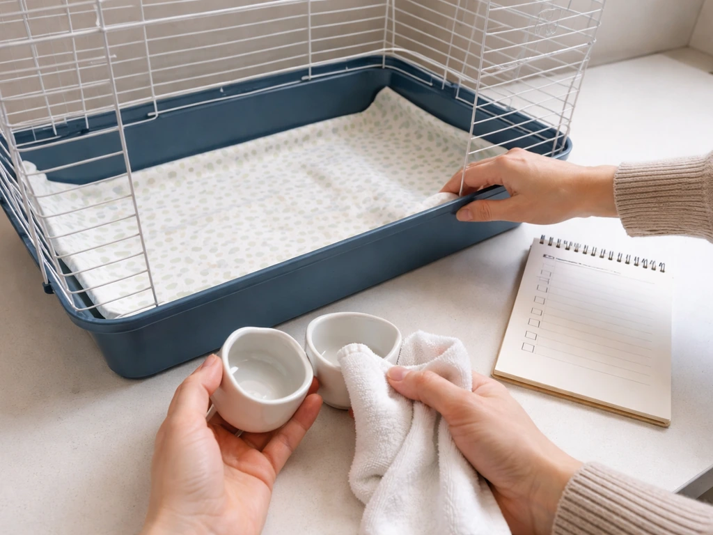 Pet cage area with fresh liner, cleaned water and food cups, and a simple notepad beside it