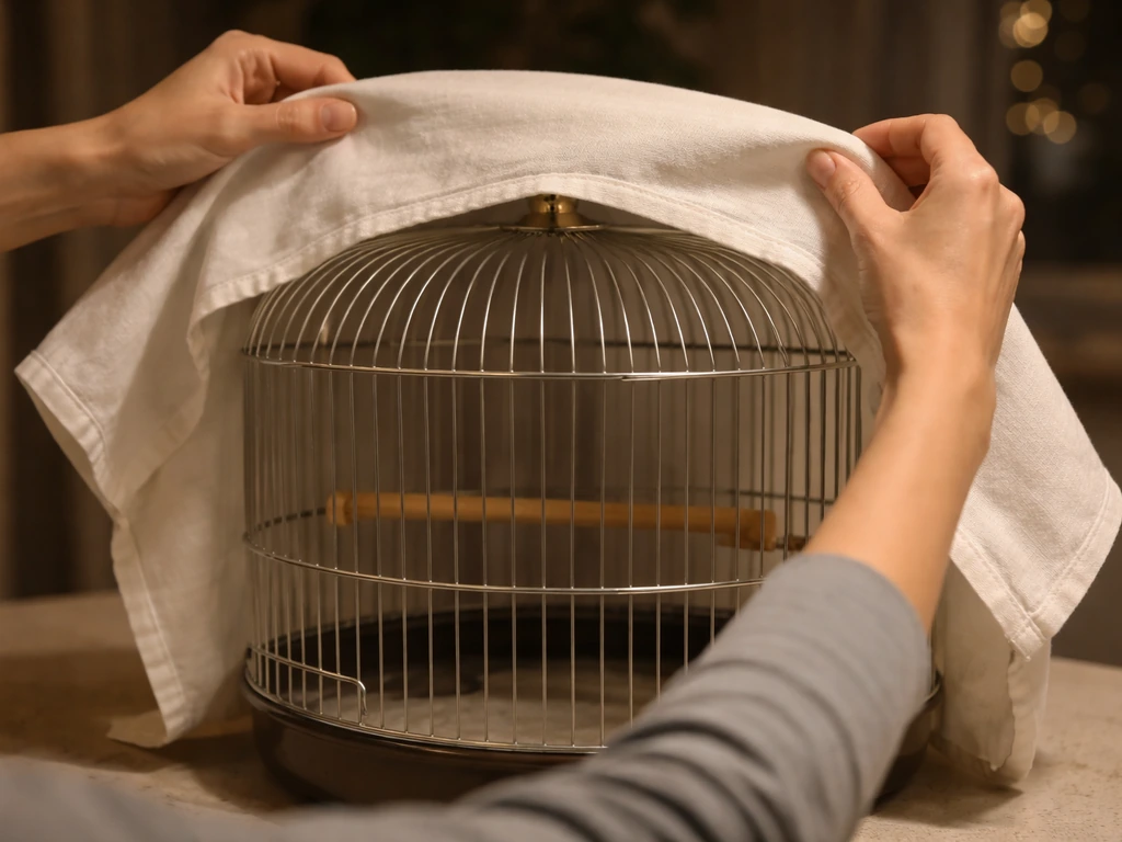 Hands aligning a clean cotton cover over a spotless bird cage in a dim indoor night setting.
