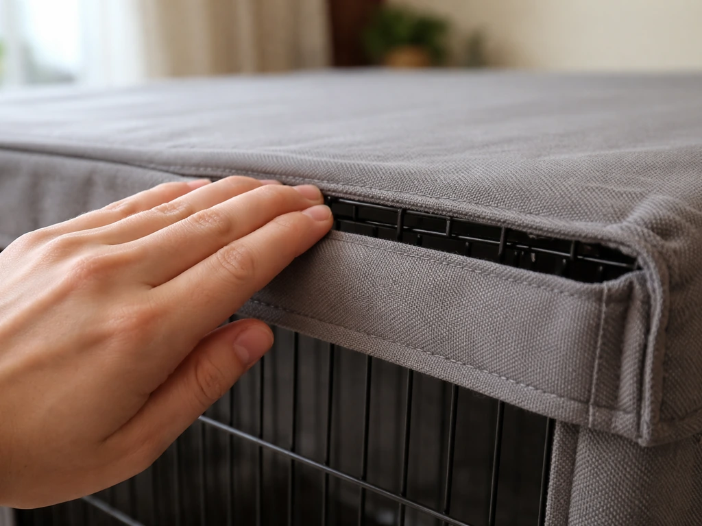 Hand gently checks airflow at the edge of a snug fabric-covered pet cage.