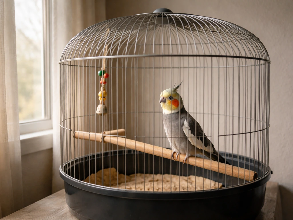Calm but alert bird inside an uncovered cage, near a softly lit window, indoors with a plain background.