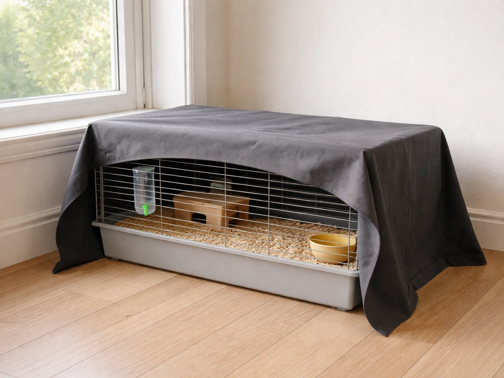 Pet cage with cover placed, positioned away from a window/vent draft, showing it isn’t airtight.