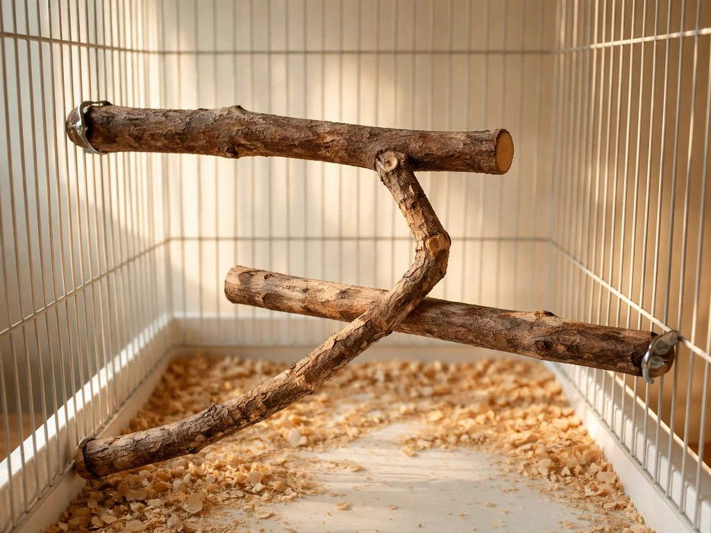 Two natural wood bird perches of different diameters arranged for safe climbing inside a simple cage.