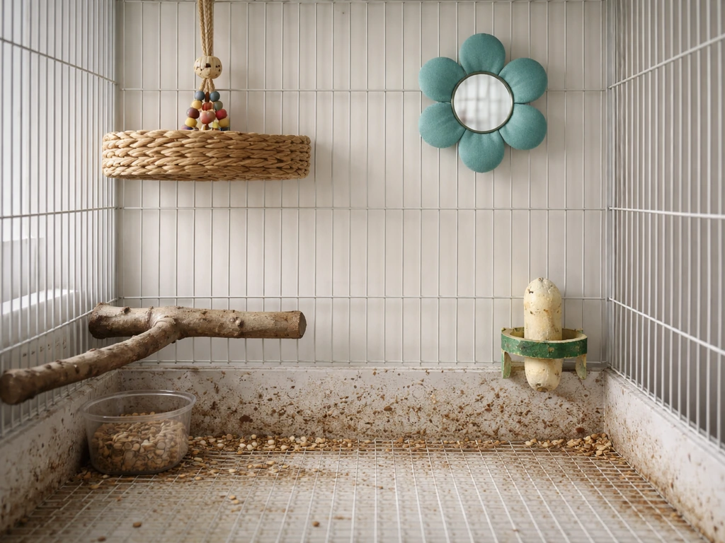 Close-up of a bird cage bottom area with grime, and cleaner decor placed higher up in the background