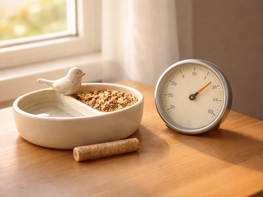 Wooden tabletop by a window with an analog thermometer beside a bird bowl, suggesting safe mid-range warmth.