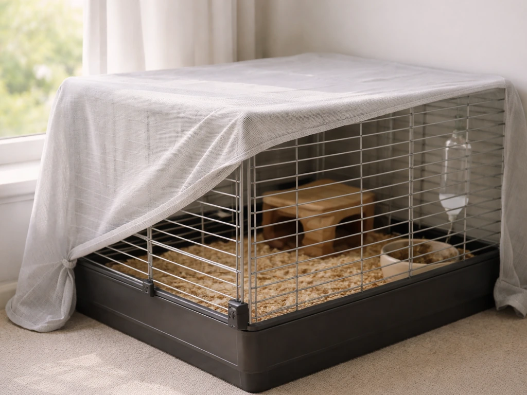 Close-up of a small pet cage covered on top and three sides with a breathable fabric cover to reduce drafts.