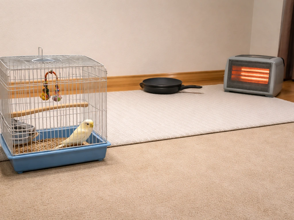 Cooking skillet and a space heater placed separately from a small bird cage in a safe, warning-style setup.