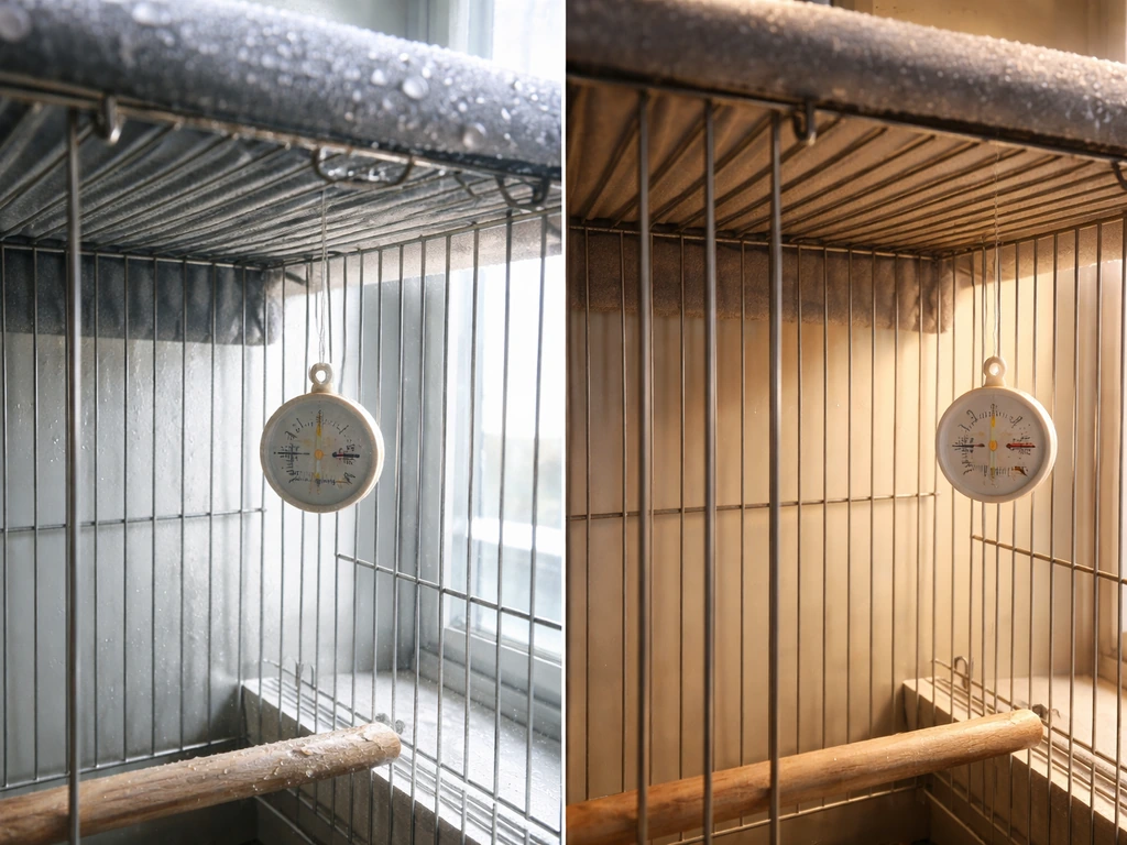 Split image of a bird cage: left shows condensation on cover/bars, right shows uneven warm vs cool sides with thermomete