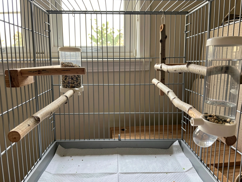 Two end perches in a finch flight cage with enclosed seed feeder and tube water bottle