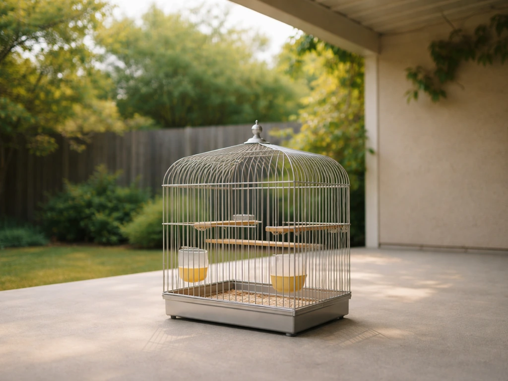 A small bird cage on a patio under partial shelter during mild weather