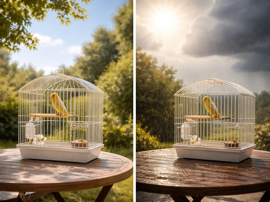 Split image: left shows a bird cage in mild calm weather; right shows a cage in stormy, hot conditions.
