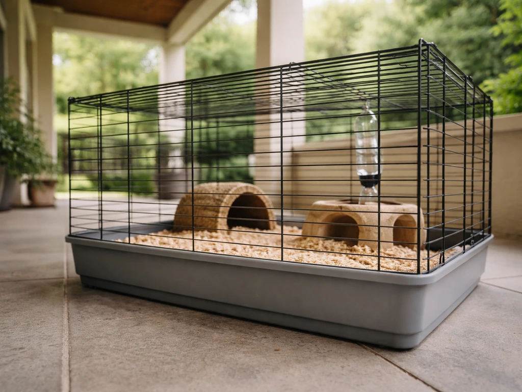 Outdoor cage in a sheltered porch/pergola area with roof overhead and natural daylight.