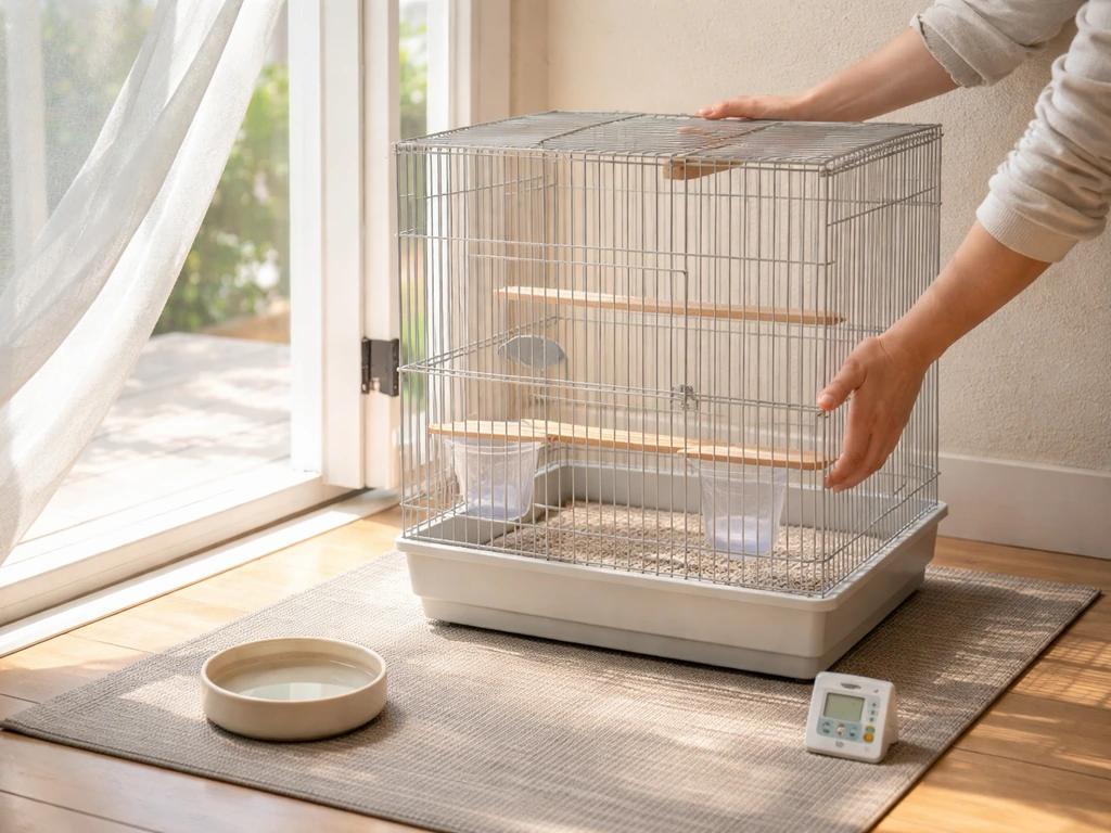 Bird cage being moved indoors to a shaded area with water and a thermometer for heat monitoring.