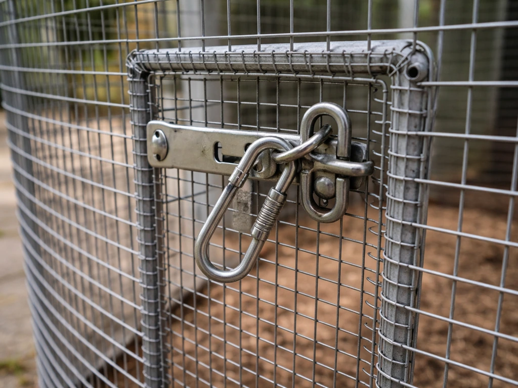Close-up of secure metal cage latch and protective barrier around an outdoor bird enclosure