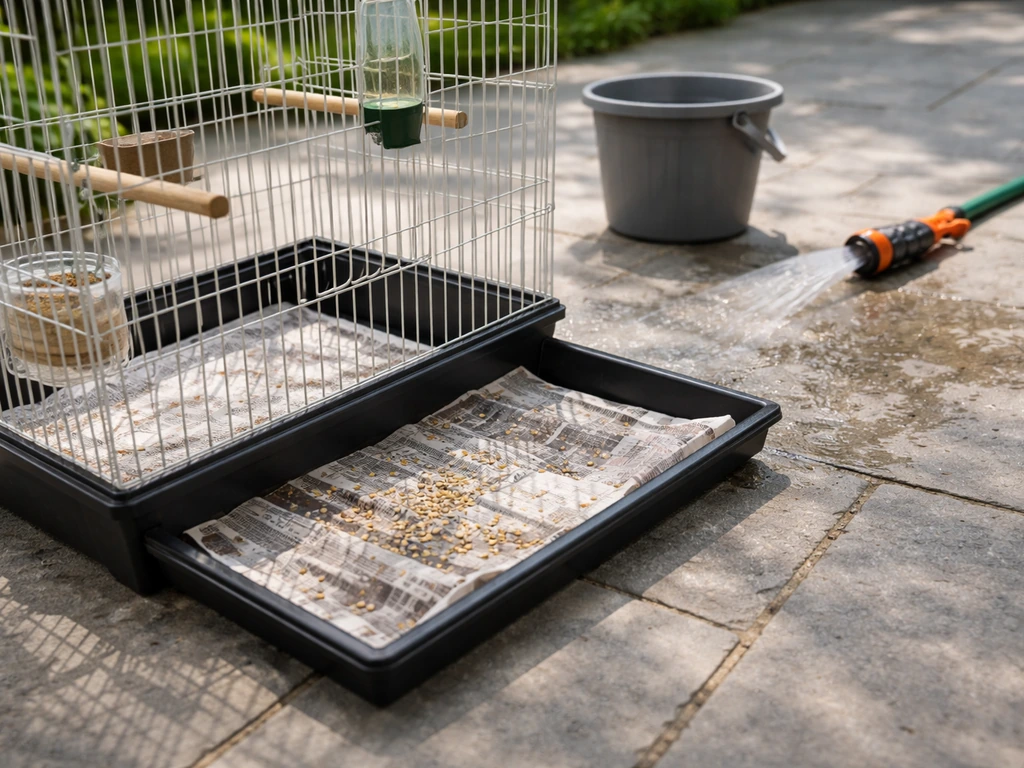 Outdoor bird cage with a lined catch tray beneath it and a hose for daily cleaning.