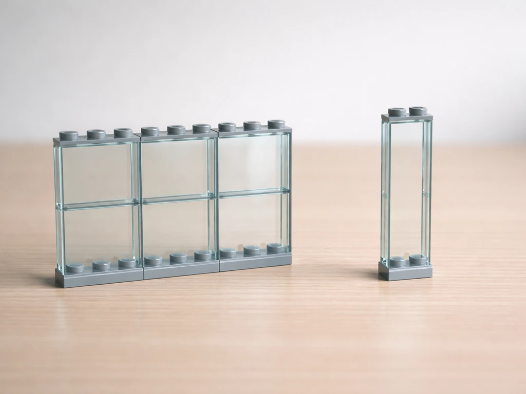 Minimal close-up of glass pane blocks connected to adjacent blocks, showing wall-panel form not thin poles.