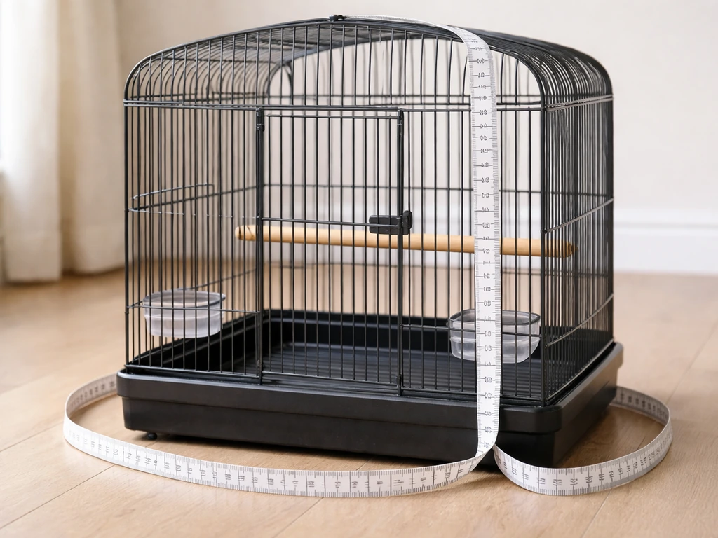 Measuring a conure-sized bird cage on the floor, showing clear bar spacing and correct fit.