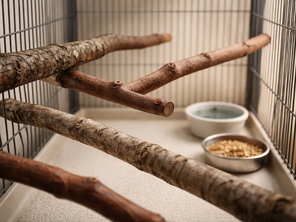Minimal photo of a parrot cage interior with several natural wood branch perches and water dish