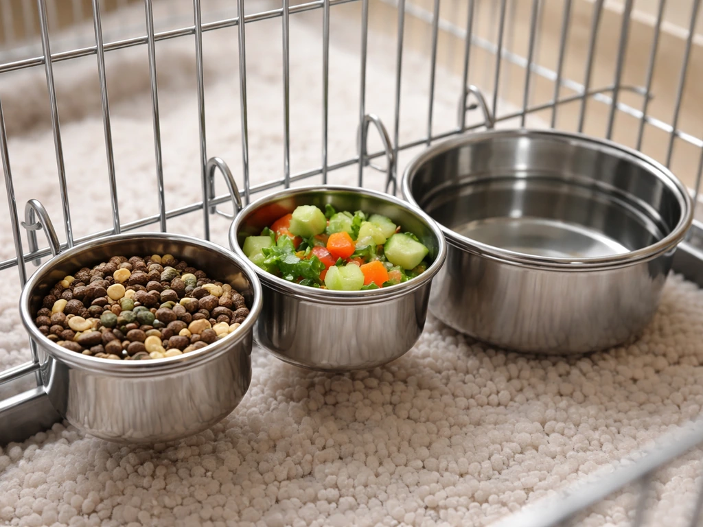 Close-up of cage-mounted stainless food cups with pellet/seed mix and fresh foods plus an open water bowl