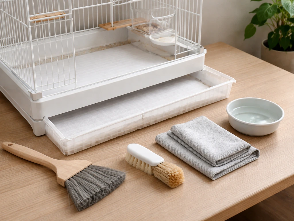 Small bird cage seed catcher area with fresh liner and a tidy cleaning kit beside it