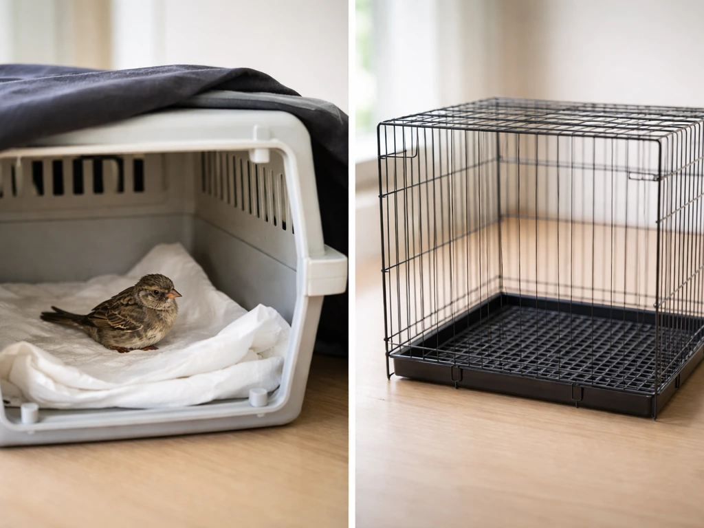 Injured bird in a covered rescue carrier beside an empty wire pet cage, showing safe holding vs improper captivity.