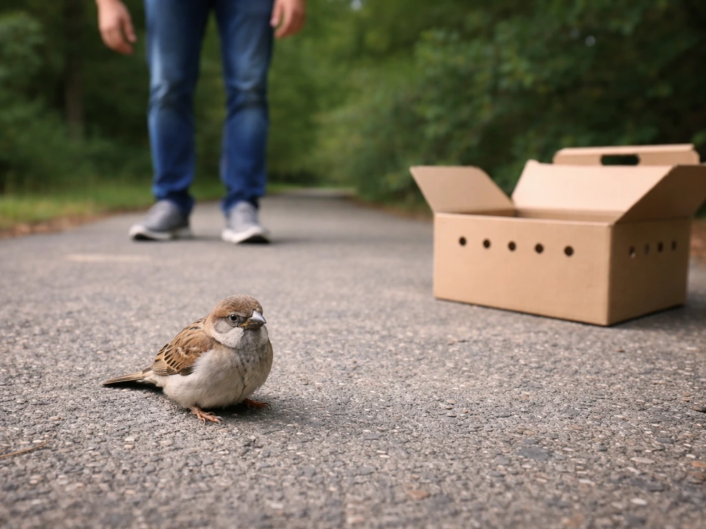 Stunned wild bird on the ground with a rescue container ready nearby, observed from a safe distance.
