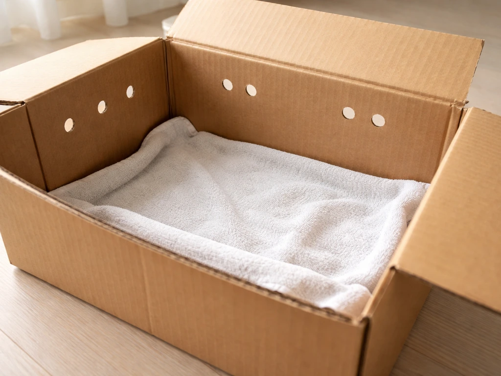 A cardboard bird enclosure being prepped with ventilation holes and a loose non-slip liner inside.