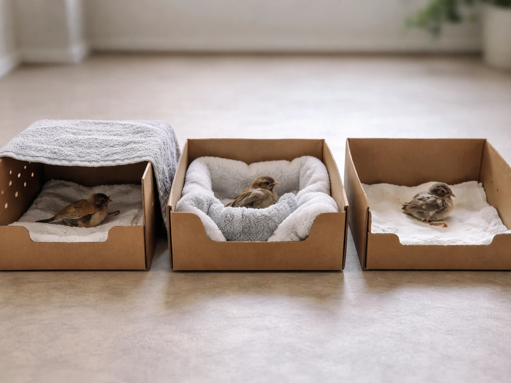 Three small recovery boxes with a bird separated by scenario: window strike, injured, and fledgling placement.