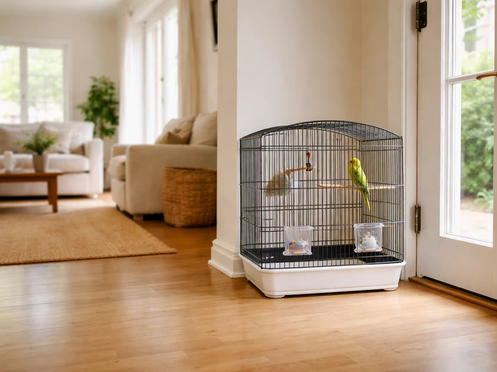 Small bird cage placed in a living room corner, safely away from a swinging exterior door.