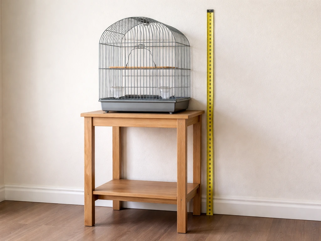 A stable bird cage stand setup showing correct height, level surface, and no wobble