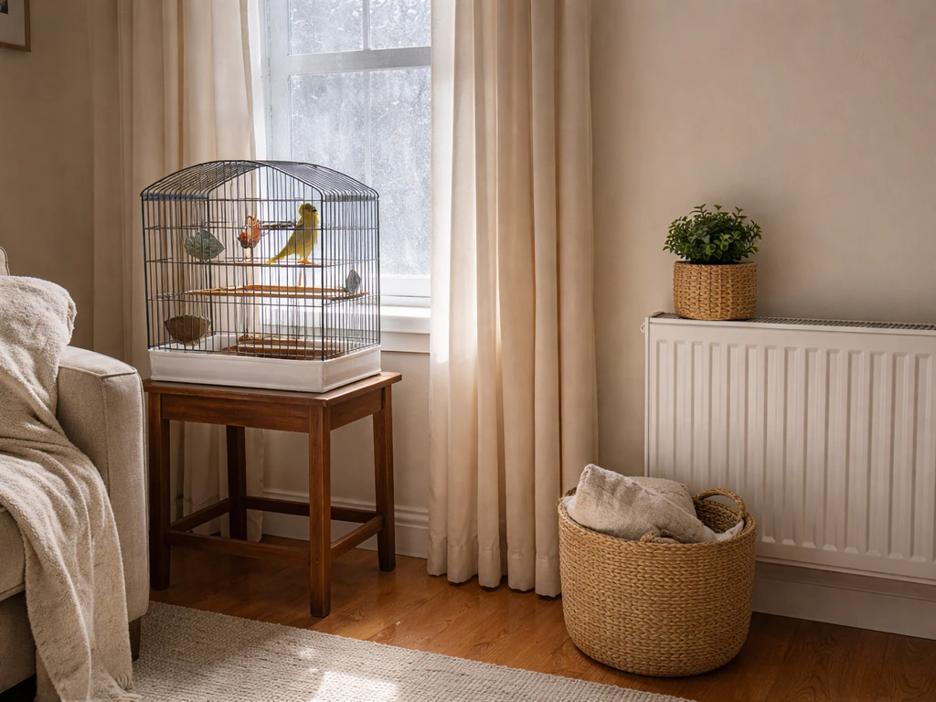 Bird cage in a living room placed away from window drafts and heat vents for seasonal comfort.