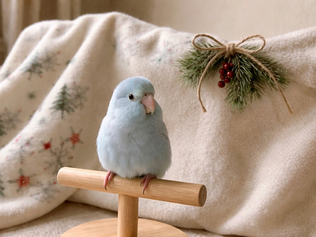 Close-up of a small pet bird stand with unscented fabric decorations and no tinsel or breakable ornaments