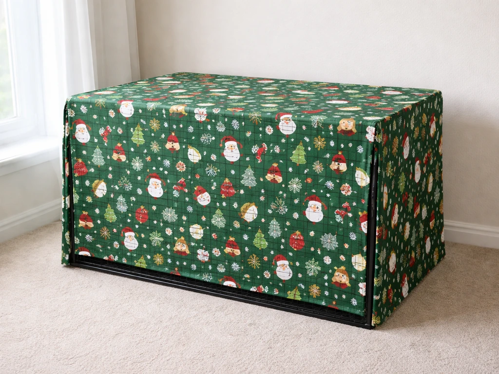 A Christmas-themed fabric cage cover fitted smoothly over a pet cage, with tidy seams in a cozy room.