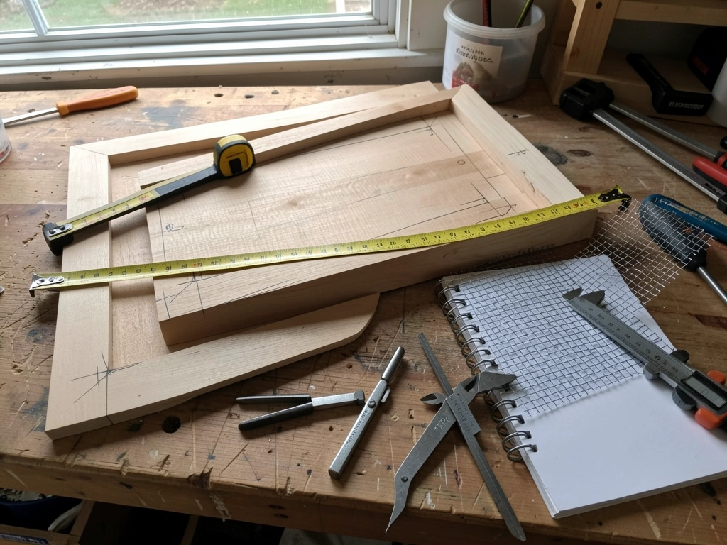 Tape measure and hardware cloth spacing ruler used to plan cabinet openings and door placement