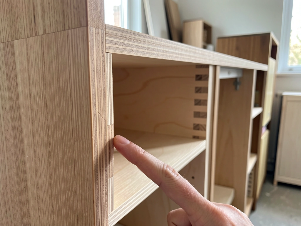 Checking a solid-wood/plywood cabinet interior for safe materials and sturdy joinery