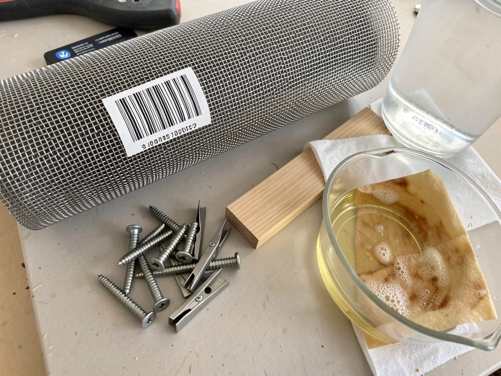 Stainless hardware cloth, stainless screws, and untreated wood trim prepared for cage build