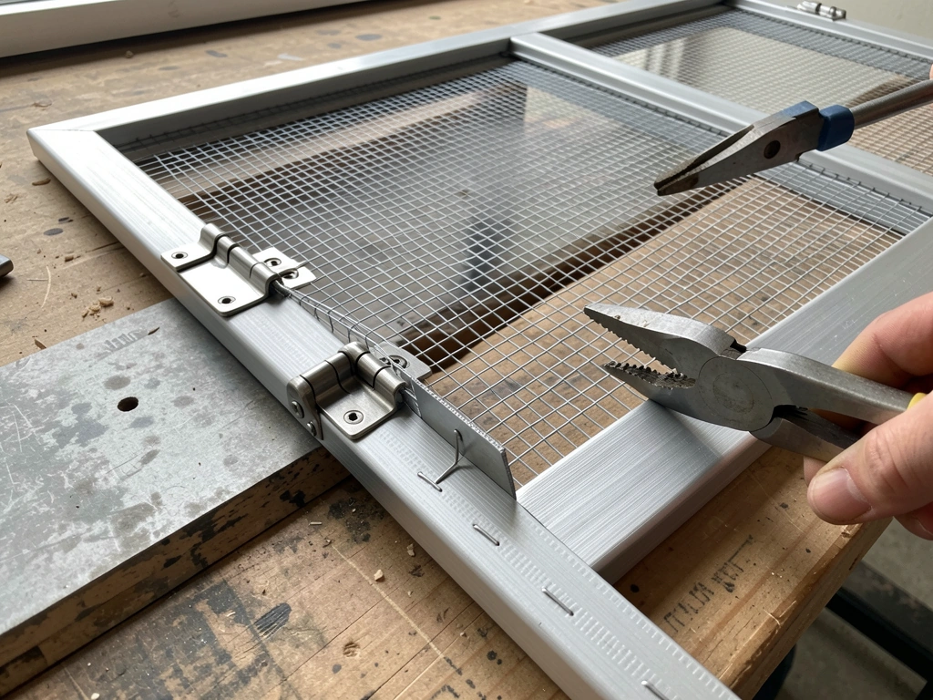 Mesh stretched and fastened to a framed cabinet front door with stainless hinges
