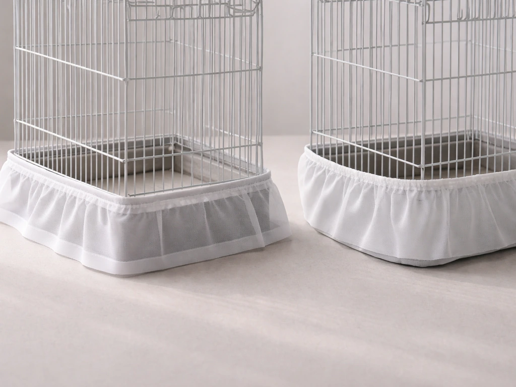 Birdcage skirt styles shown on two simple cage bases with fabric bands and wrap-around attachment