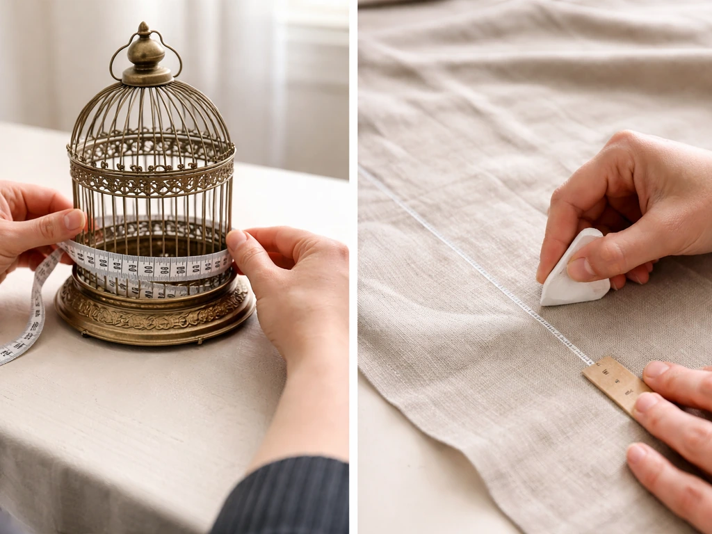 Person measuring a cage skirt pattern with a tape measure at the widest point and marking fabric cut lines.