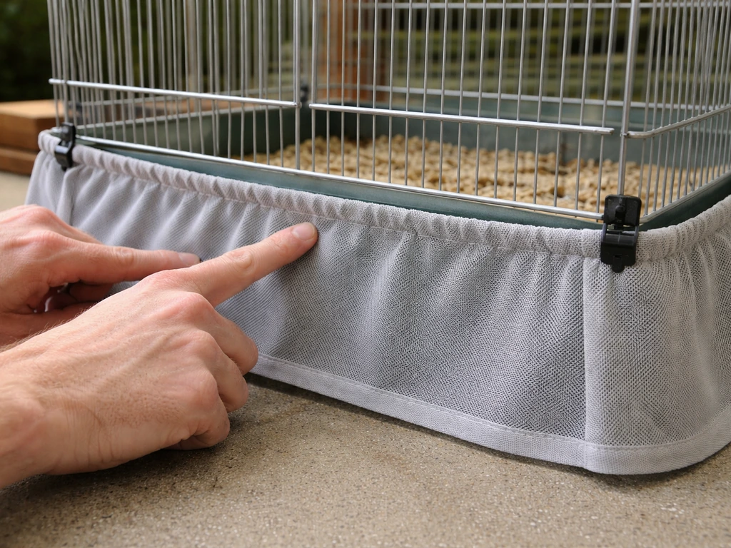 Close-up of hands checking a bird enclosure skirt seam and confirming safe clearance below openings.