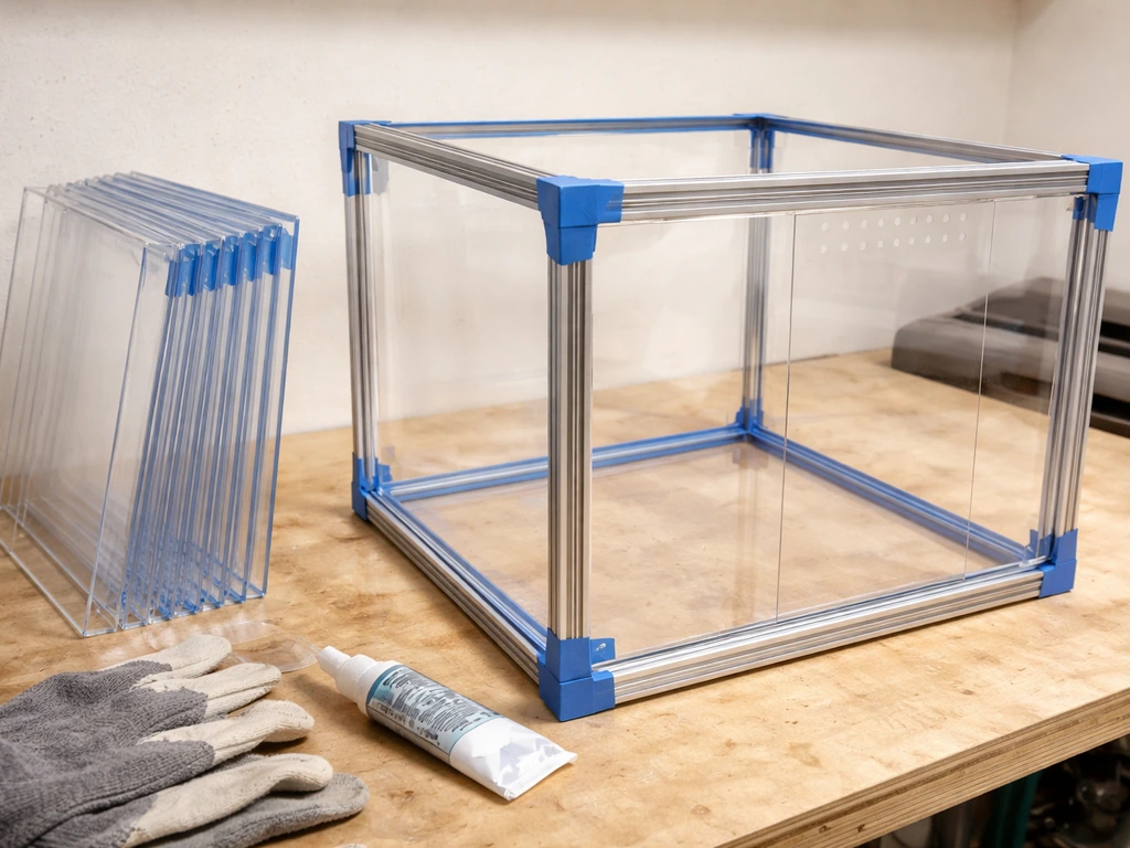 Clear plexiglass bird cage frame under construction on a workbench with masking tape and cut acrylic panels.