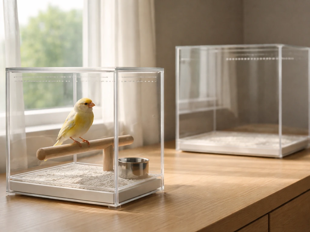 Small finch-like bird perched inside a clear acrylic enclosure beside a safer, empty acrylic setup by a window.