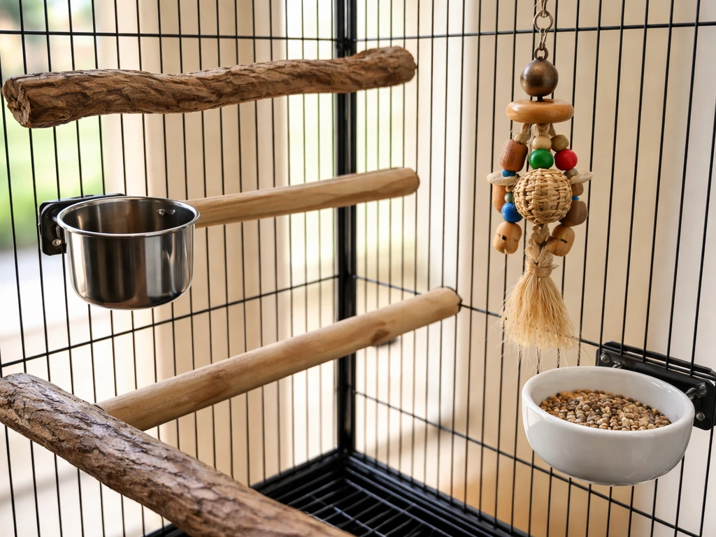 Minimal bird cage interior showing safe perches, stainless ceramic feeders, and a toy attachment point.